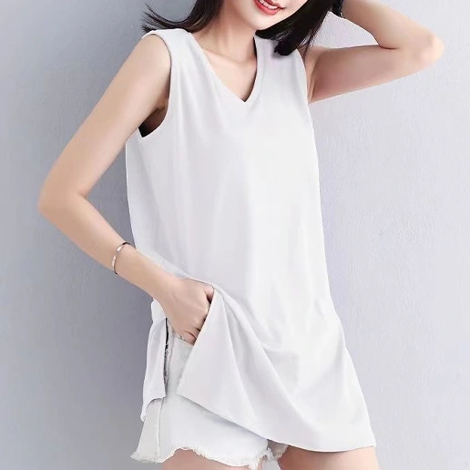 大流行新作 Vネック ノースリーブ 無地 中長 スリット タンクトップ