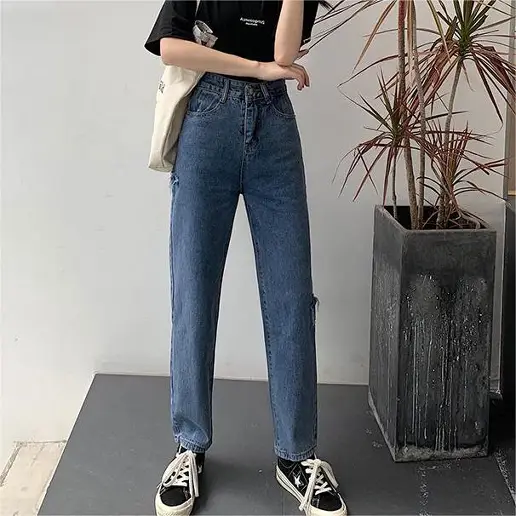 大流行新作 無地 ハイウエスト ダメージ加工 アンクル丈（9分丈） カジュアル デニム