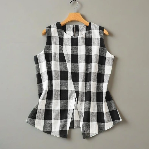 存在感抜群 ラウンドネック ノースリーブ チェック柄 スリット ビックシルエット レトロ タンクトップ