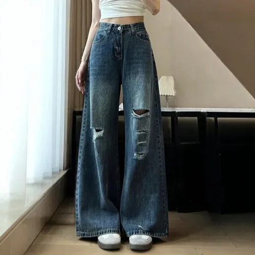 人気高い カジュアル ダメージ加工 ファスナー ボタン ポケット付き デニム