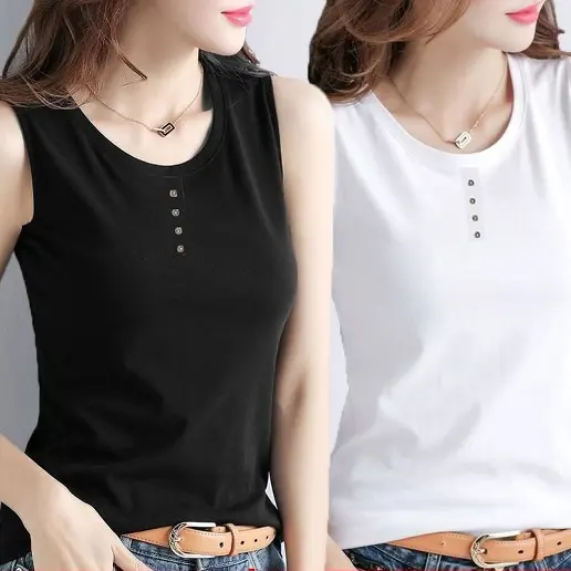 人気上昇中 ボタン ノースリーブ 着痩せ効果 無地 ラウンドネック カジュアル タンクトップ
