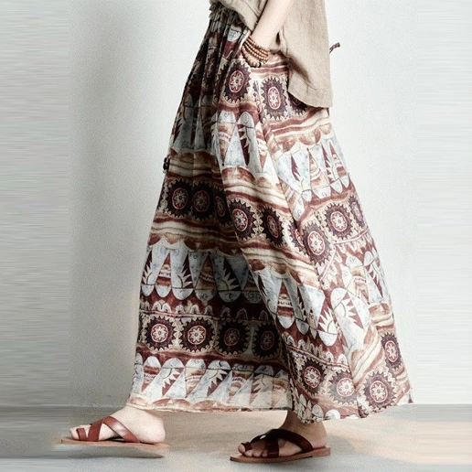「Aライン」レギュラーウエスト 足首丈 プリント カジュアル ボヘミアンスタイル プリント ポケット付き スカート