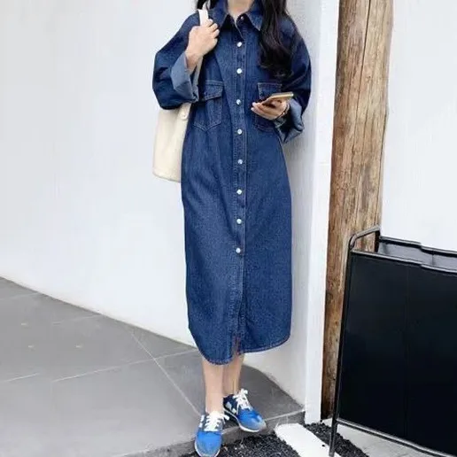 「新商品」無地 ポケット付き 長袖 ストレート ボタン レトロ ビックシルエット コーディネート自在 シャツワンピース