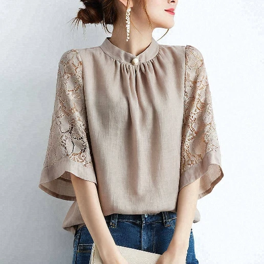 新商品をピックアップ！ 無地 半袖 ボタン レース ラウンドネック シンプル Tシャツ