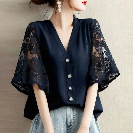 売り切れ必至 半袖 Vネック レース 無地 レース シンプル シャツ