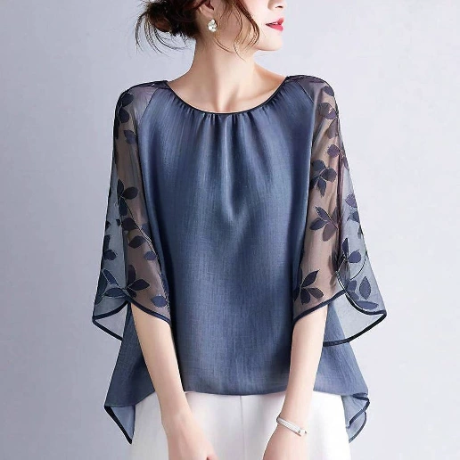 見逃し厳禁 無地 切り替え ラウンドネック 五分袖 プリント フェミニン シャツ