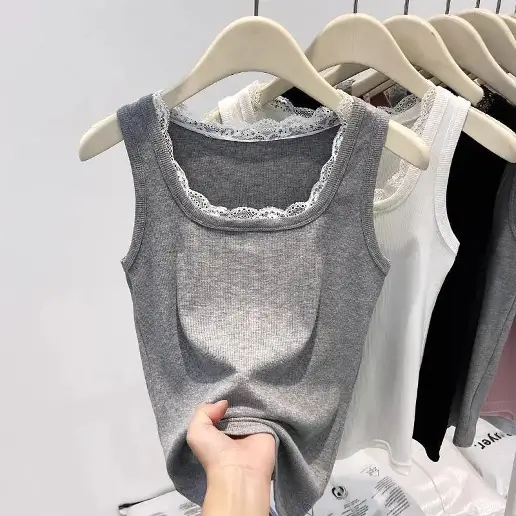 ファッション感満々 ラウンドネック プルオーバー ノースリーブ レース 切り替え カジュアル 夏 タンクトップ