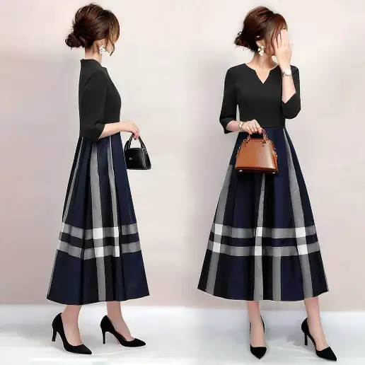 人気上昇中 チェック柄 切り替え Aライン 無地 七分袖 ファッション カジュアルワンピース