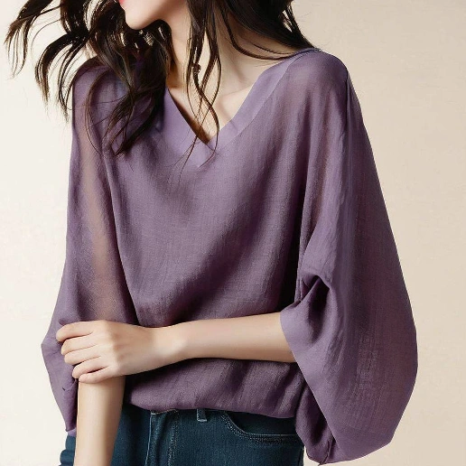 『大人が着たいアイテム』 Vネック ランタンスリーブ プルオーバー 七分袖 無地 ファッション シャツ