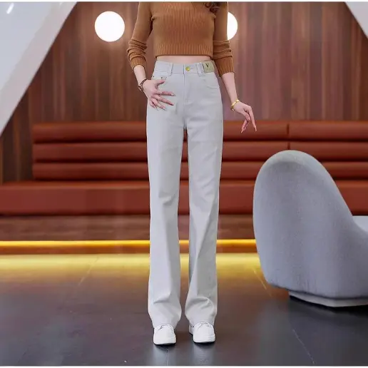 「新作登場」大きめのサイズ感 着痩せ効果 ハイウエスト ロング丈 無地 ファッション ジーンズ 体型をカバー シンプル デニム