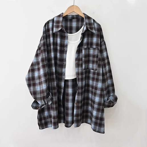 流行の予感 体型をカバー チェック柄 長袖 折り襟 シングルブレスト カジュアル シャツ