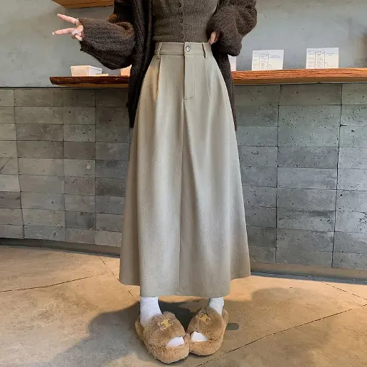 好感度UP 無地 ハイウエスト Aライン すね丈 カジュアル スカート