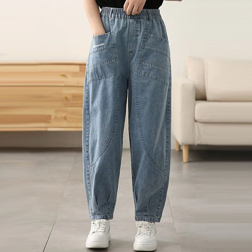 「大きめのサイズ感」着痩せ効果 レトロ シンプル ロング丈 刺繍 ギャザー ハイウエスト アンプルライン ジーンズ デニム