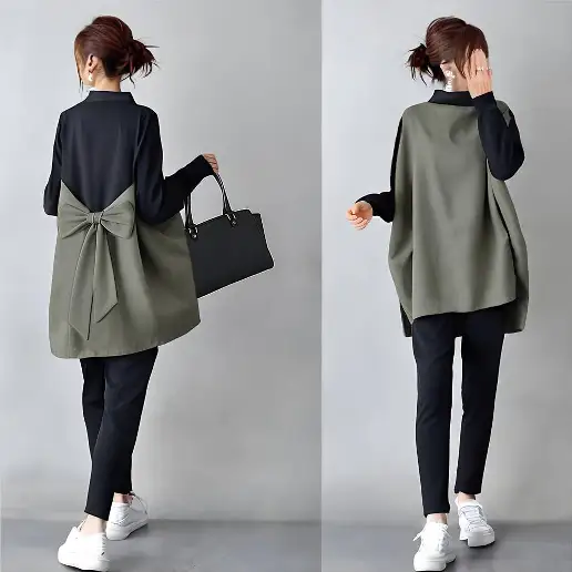 No.1 人気商品 切り替え リボン スタンドネック 長袖 配色 カジュアル Tシャツ