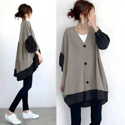 早い者勝ちです! ボタン 切り替え Vネック 七分袖 配色 カジュアル シャツ