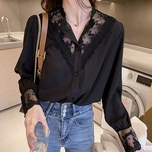 「着回しのコツ」 スタンドネック 長袖 切り替え 無地 レース ファッション シャツ