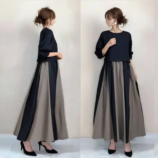 お買い得！ 切り替え 配色 Aライン ラウンドネック 長袖 エレガント ワンピース