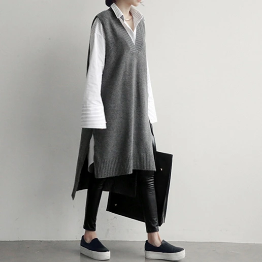 好評発売中 ストレート Vネック スリット 無地 ノースリーブ カジュアル ニットワンピース