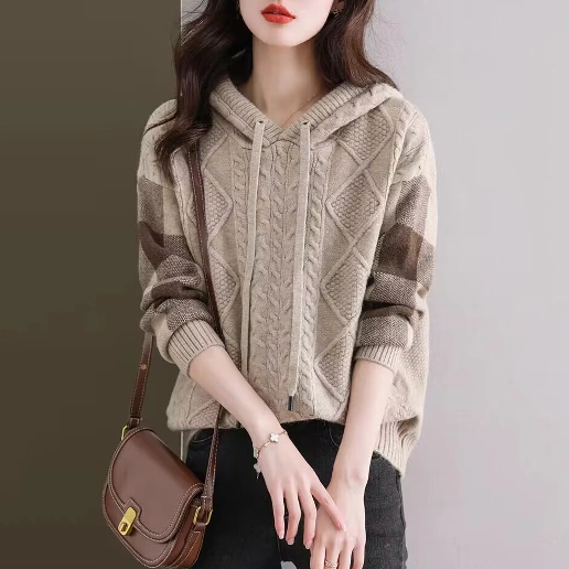 人気を獲得♡ 上品見え チェック柄 フード付き 通勤 長袖 カジュアル ニットセーター