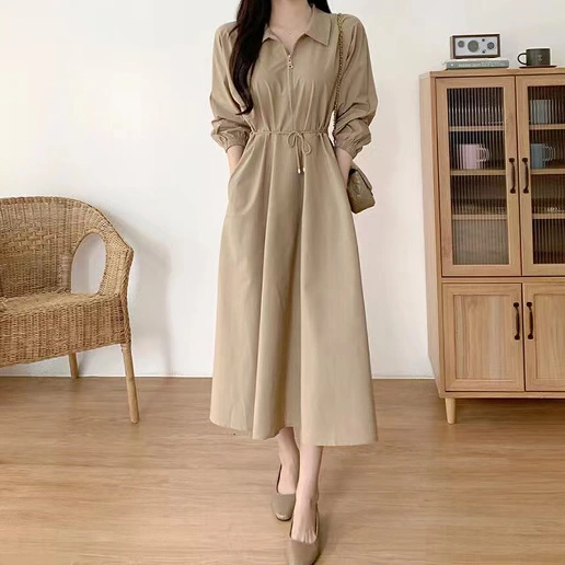 リピー数高 ボウタイ Aライン ファスナー 無地 長袖 シンプル ワンピース