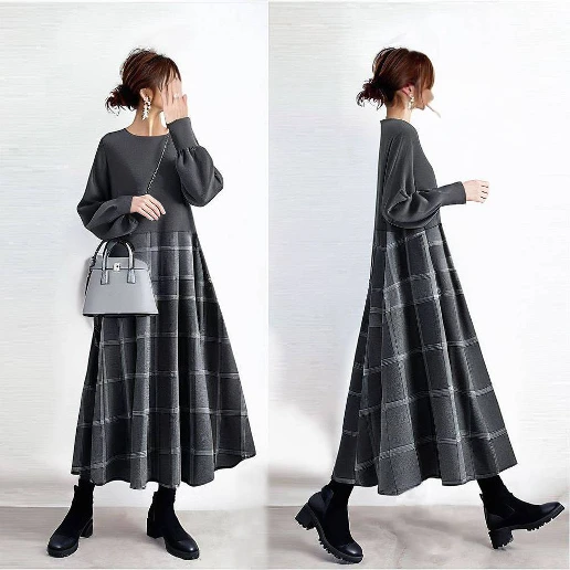 存在感抜群 ラウンドネック 長袖 切り替え Aライン チェック柄 ファッション カジュアルワンピース