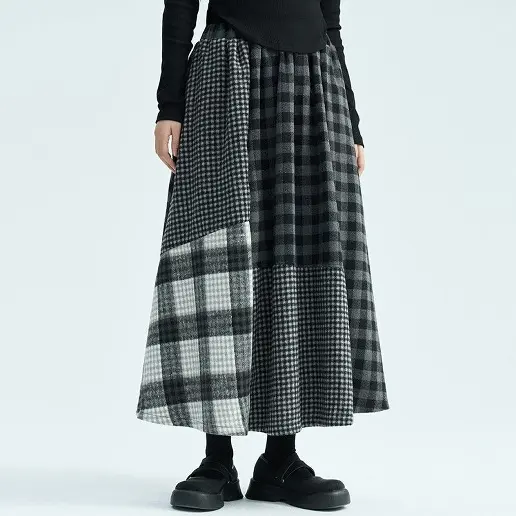 No.1 人気商品 ランダムティアード チェック柄 ポケット付き Aライン 切り替え レトロ スカート
