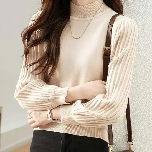 好感度UP 無地 長袖 ギャザー ランタンスリーブ ハイネック ファッション ニットセーター