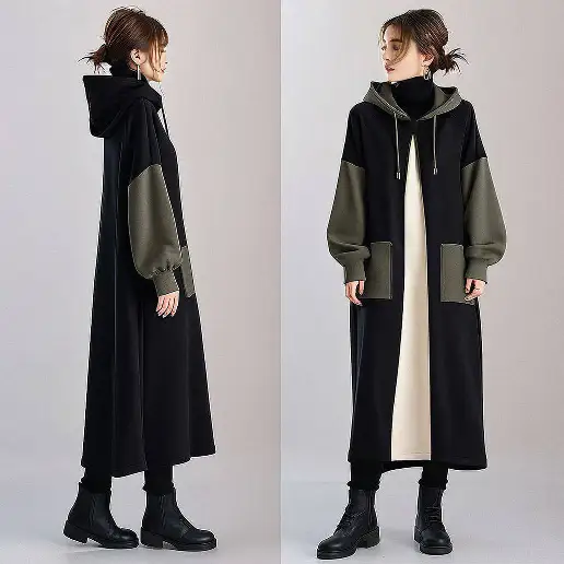 雑誌に掲載された 切り替え 長袖 Aライン 配色 フード付き カジュアル カジュアルワンピース