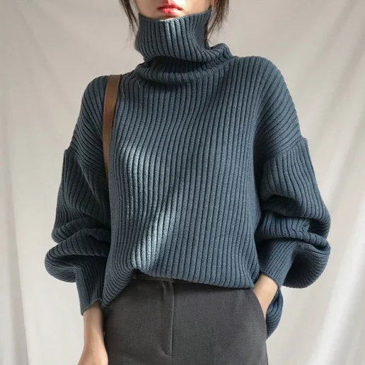 人気商品 長袖 中長 ハイネック 無地 ランタンスリーブ ニットセーター