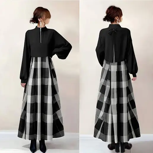 No.1 人気商品 切り替え 配色 チェック柄 長袖 リボン シンプル 長袖ワンピース