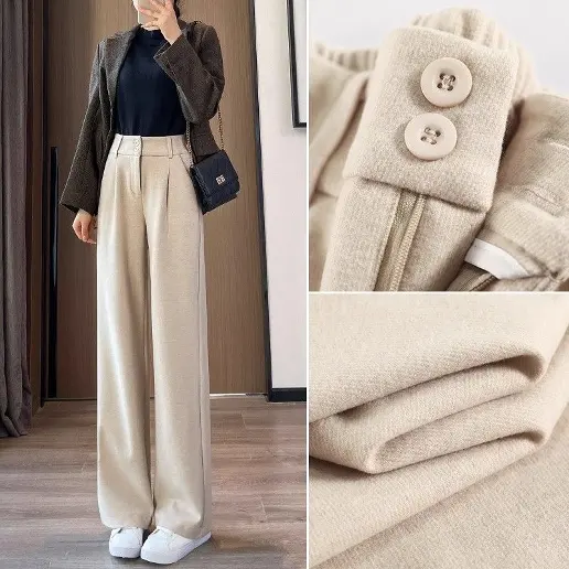 今季トレンド ロング丈 大きめのサイズ感 着痩せ効果 ラシャ 無地 カジュアル ガウチョパンツ