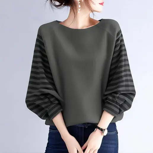 一番安い新作 ボーダー プルオーバー 切り替え ラウンドネック 七分袖 シンプル Tシャツ