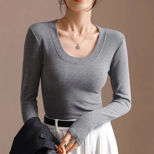 「売り切れ必至」防寒 長袖 ショート丈 無地 Uネック シンプル 伸縮性あり 着痩せ効果 エレガント Tシャツ