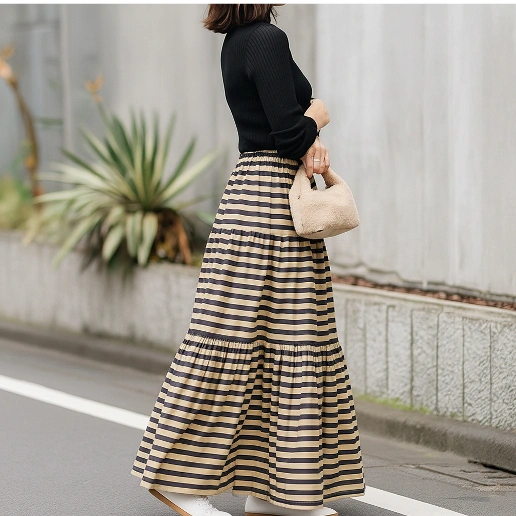 「ボーダー」ファッション エレガント ハイウエスト ロング Aライン 組み合わせ自由 おしゃれ度高め スカート