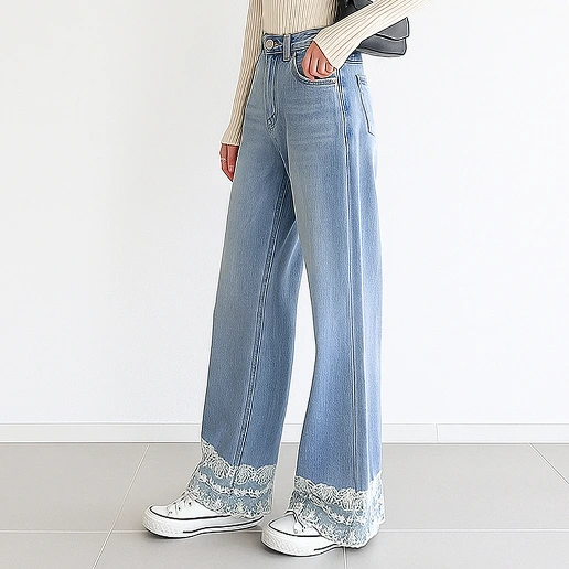 今季大注目 ロング丈 無地 柔軟加工 レース 骨格ウェーブ  ジーンズ