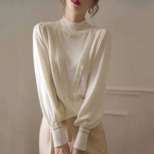 「新発売！」ハーフネック 長袖 ランタンスリーブ プルオーバー 無地 エレガント ニットセーター