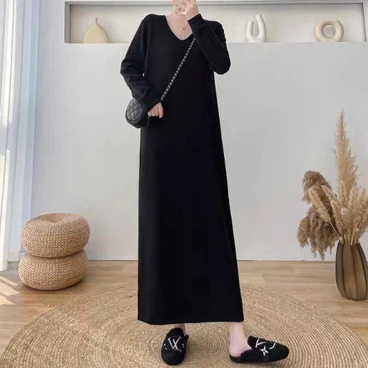 新商品 ストレート 長袖 無地 プルオーバー Vネック ニットワンピース