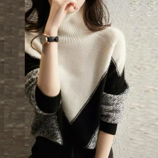 お買い得！ ハイネック 配色 ぴったりしたサイズ感 長袖 切り替え カジュアル ニットセーター
