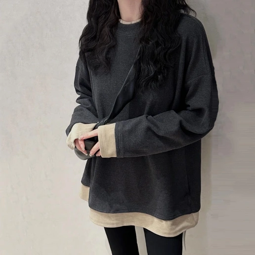 人気商品 配色 レイヤード / 重ね着風 プルオーバー ラウンドネック 長袖 Tシャツ