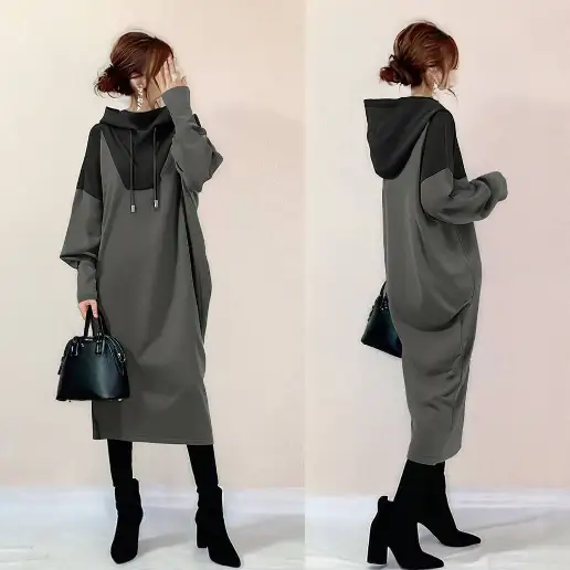 女性に大人気 配色 フード付き 長袖 切り替え Aライン ファッション 長袖ワンピース