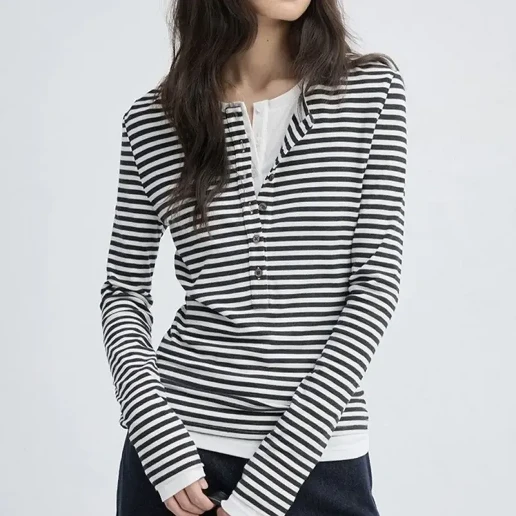 好評発売中 無地 長袖 ボタン ラウンドネック ボーダー Tシャツ