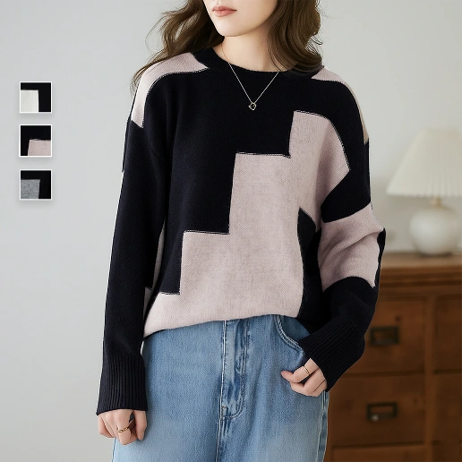 新品殺到 ラウンドネック 切り替え 長袖 幾何模様 配色 ファッション ニットセーター