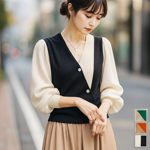 人気商品再入荷 切り替え 配色 ボタン Vネック 長袖 シンプル ニットセーター