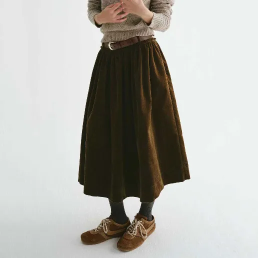 大流行新作 ベルト付き Aライン 中長 ハイウエスト 無地 レトロ スカート