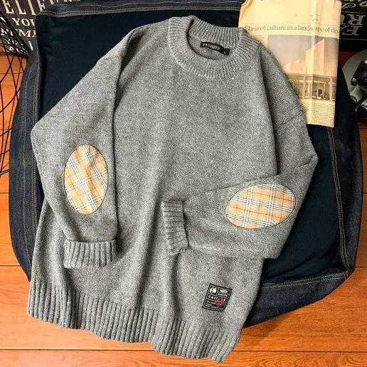 大人女子必見! チェック柄 無地 長袖 ラウンドネック 切り替え レトロ ニットセーター