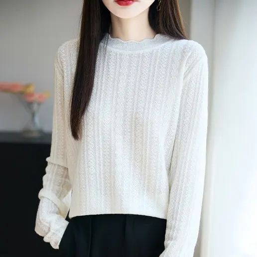 毎日モテ続けちゃう！ 無地 長袖 レース ハーフネック 切り替え エレガント ニットセーター