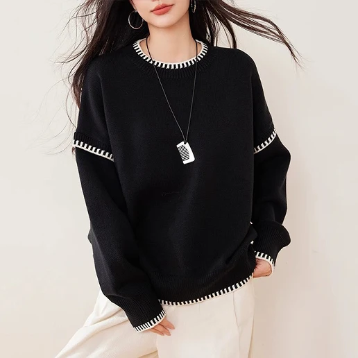 新作発売！ 配色 長袖 ラウンドネック 切り替え プルオーバー ファッション ニットセーター