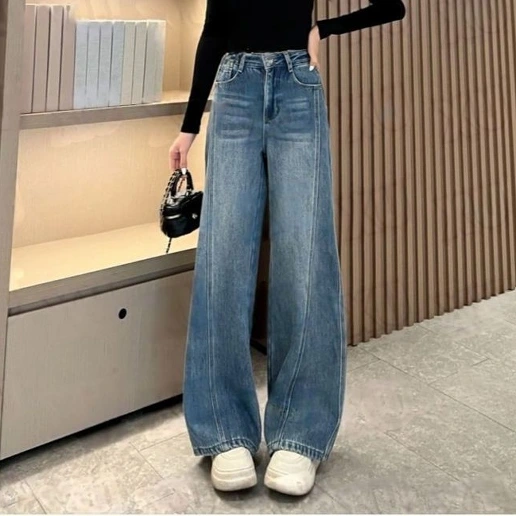 「大人可愛い」コーディネート自在 ロング丈 着痩せ効果 無地 ハイウエスト ジーンズ 柔軟加工 デニム