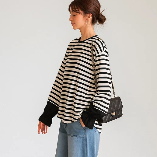 新商品 フレア袖 ボーダー 切り替え 配色 長袖 カジュアル Tシャツ