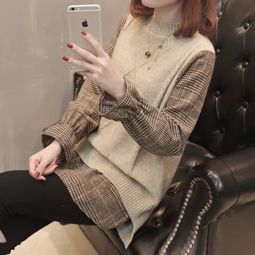 「コーディネート自在」着痩せ効果 長袖 ビックシルエット 切り替え ラウンドネック ニットセーター